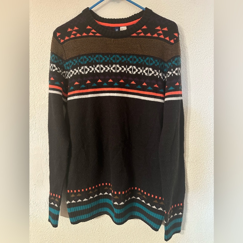 H&M Sweater Men Tribal Geometric Print Teal/Orange/White Stripes Wool Blend Sz M